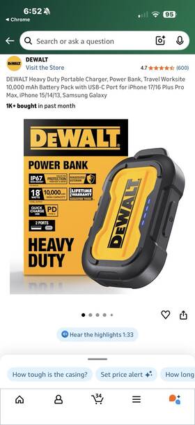 Dxma1316103 Dewalt Heavy Duty Portable Power Bank 10000mah Usb And Usb-c Black/yellow