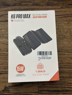 X0030a0shd K6 Pro Max Solar Power Bank 15w 1.68a/h Built-in Cable Charging Portable Charger