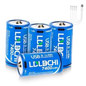 Tcd-7400 Ldldchi Rechargeable Lithium D Batteries With 4-in-1 Charge Cable 4 Pack